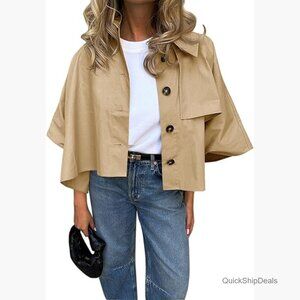 Oversized Cropped Trench Coat 3/4 Cape Sleeve Button Up Polyester